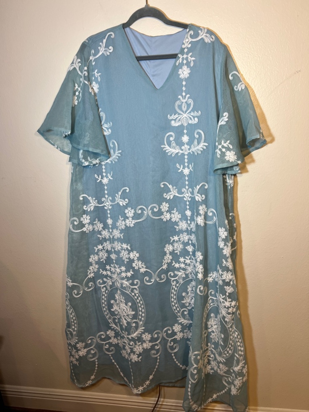 Dusty Blue White Embroidered Shift Flutter Sleeve Maxi Dress 2XL